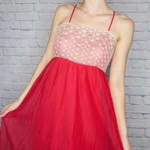 Vintage 70s Pleated Red Lace Nightgown Slip Dress